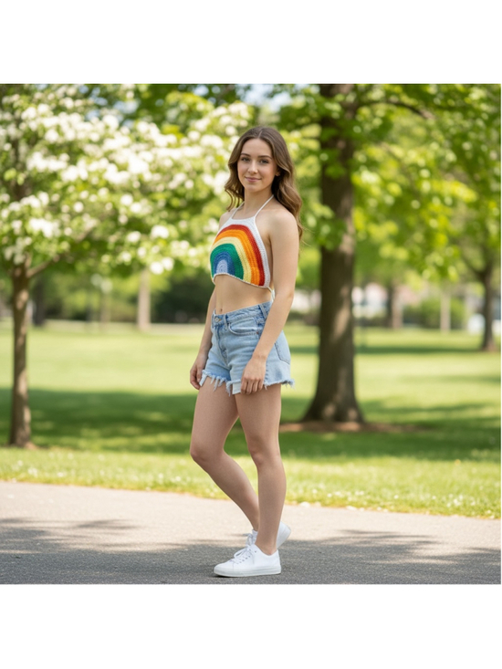 SHEIN Tops - Women's SHEIN Rainbow Crochet Halter Crop Top 0XL White NWOT